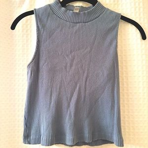 Pale blue sleeveless cropped mock turtleneck.